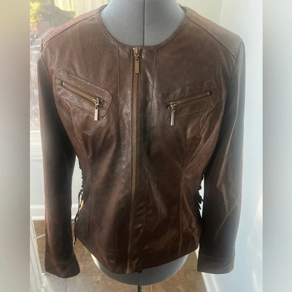 M By Marc Bouwer Sz M Brown Faux Leather Jacket Coat Side Lace up Leopard lining - Picture 5 of 16